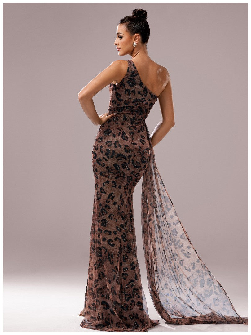 Women’s Brown Elegant Leopard Print One Shoulder Sleeveless High Slit Maxi Dress with Floral Detail
