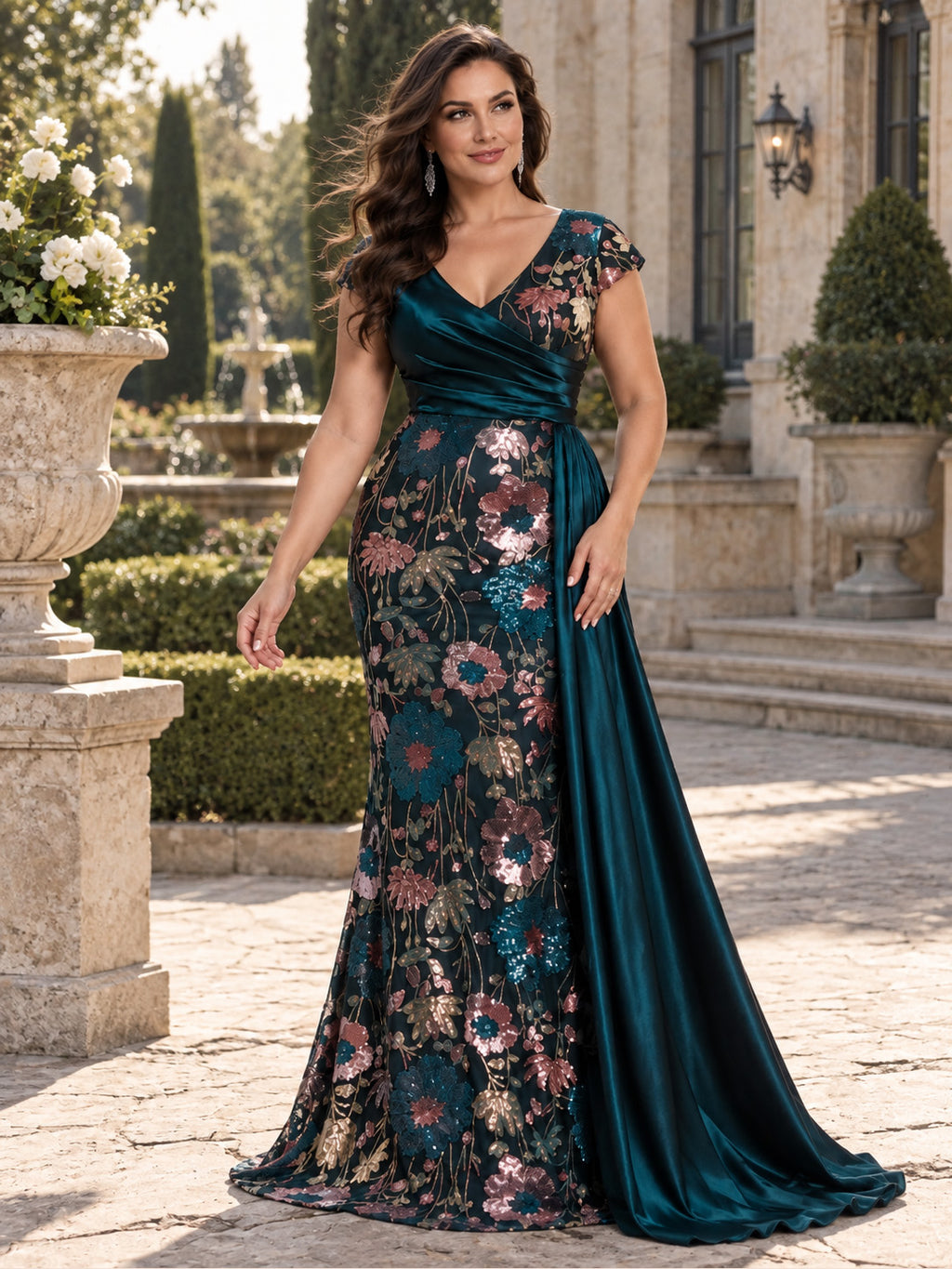 Women’s Black Elegant Floral Sequin Asymmetric Neck Short Sleeve Mermaid Maxi Dress with Satin Draped Detail