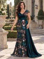 Women’s Black Elegant Floral Sequin Asymmetric Neck Short Sleeve Mermaid Maxi Dress with Satin Draped Detail