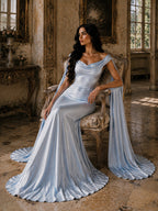 Women’s Light Blue Luxurious Satin Off Shoulder Cape Sleeve Mermaid Maxi Dress