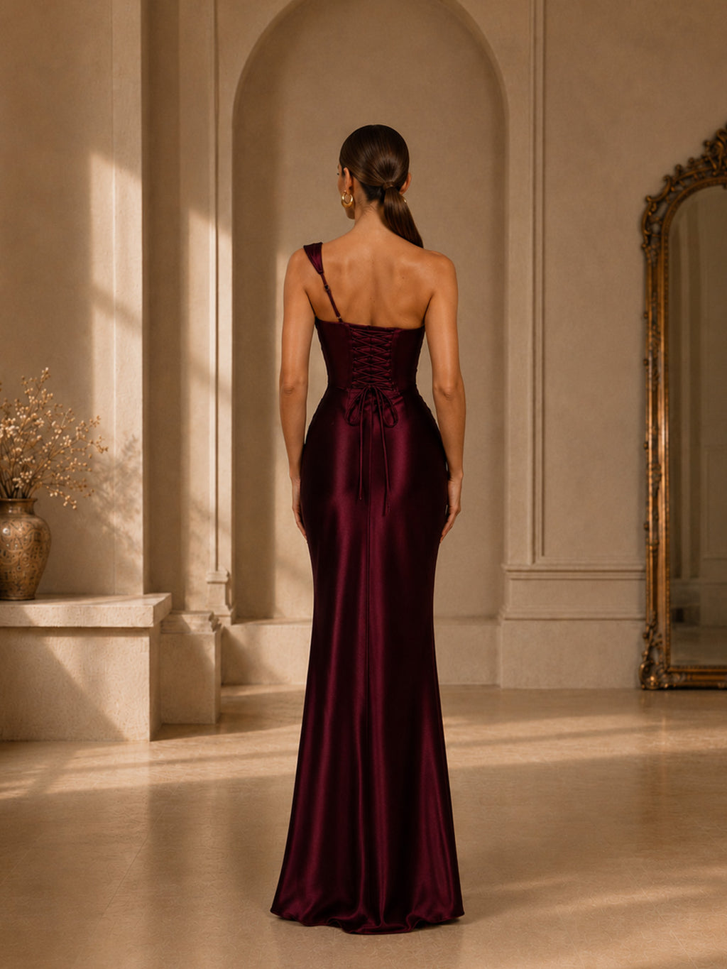 Women’s Burgundy Ruched Satin One-Shoulder Sleeveless Slim Maxi Cocktail Dress