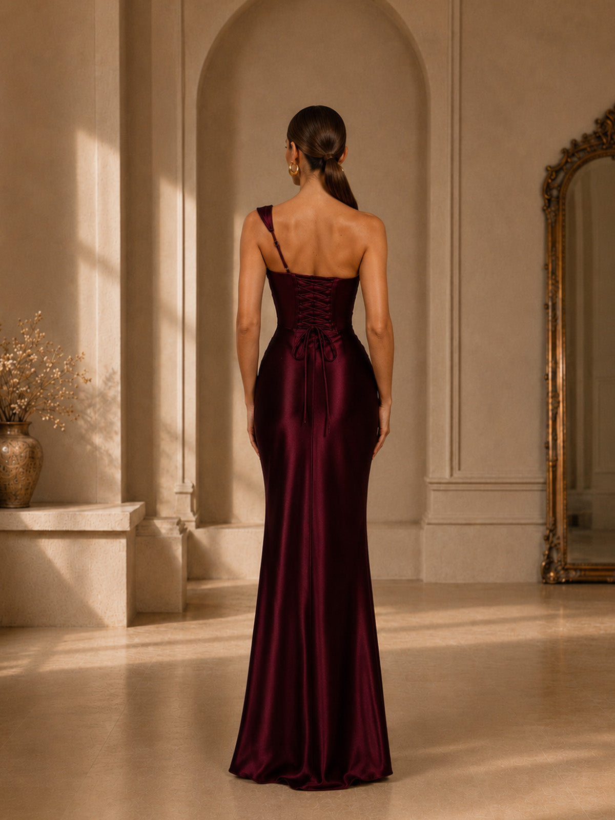 Women’s Burgundy Ruched Satin One-Shoulder Sleeveless Slim Maxi Cocktail Dress