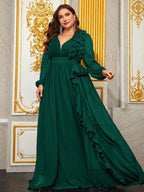 Women’s Burgundy Elegant Chiffon V-Neck Long Sleeve A-Line Maxi Dress with Ruffle Detail