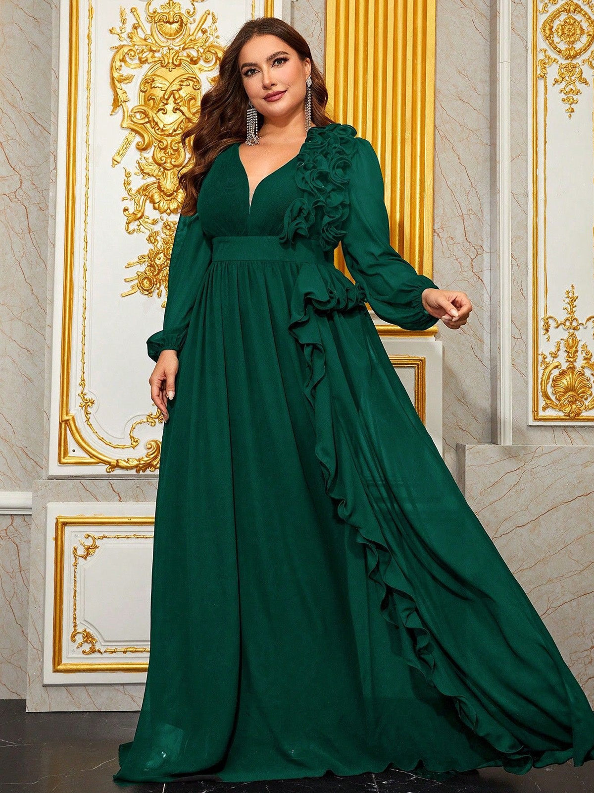 Women’s Burgundy Elegant Chiffon V-Neck Long Sleeve A-Line Maxi Dress with Ruffle Detail