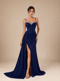 Women’s Navy Elegant Sweetheart Spaghetti Strap Tailored Maxi Dress with Side Slit