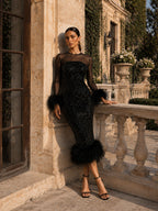Women’s Black Glamorous Sequin Mesh Round Neck Sheer Sleeve Slim Midi Dress