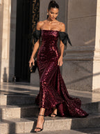 Women’s Burgundy Purple Glamorous Sequin Off-Shoulder Short Sleeve Mermaid Maxi Dress with Black Bow Detail