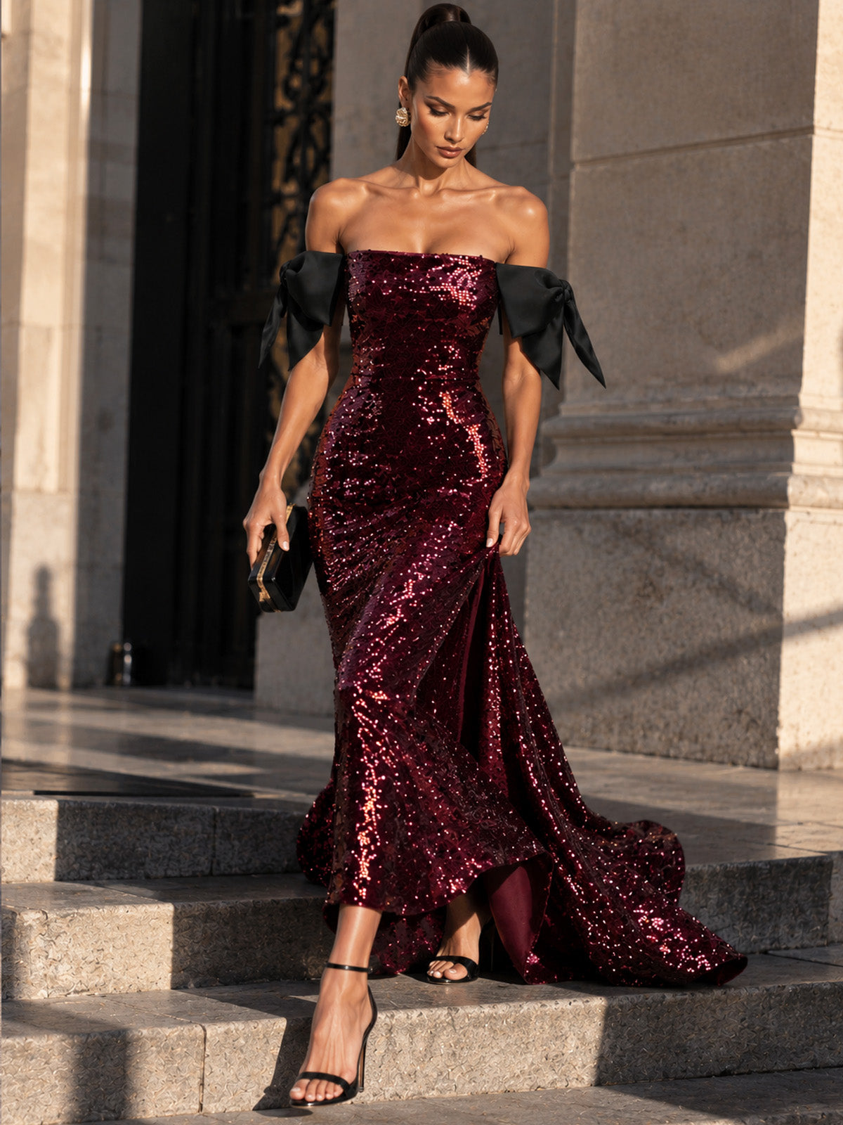 Women’s Burgundy Purple Glamorous Sequin Off-Shoulder Short Sleeve Mermaid Maxi Dress with Black Bow Detail