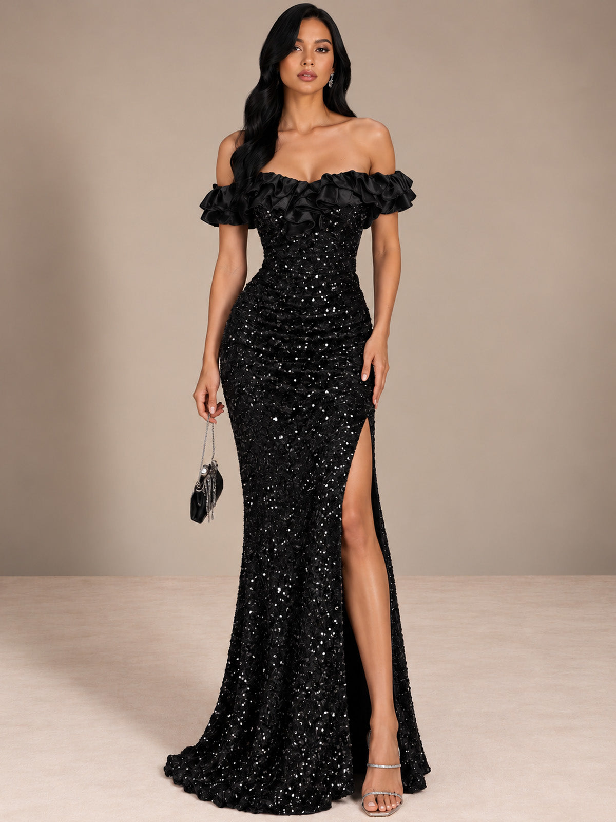 Women’s Burgundy Elegant Sequin Off Shoulder Maxi Dress with Ruffle Detail