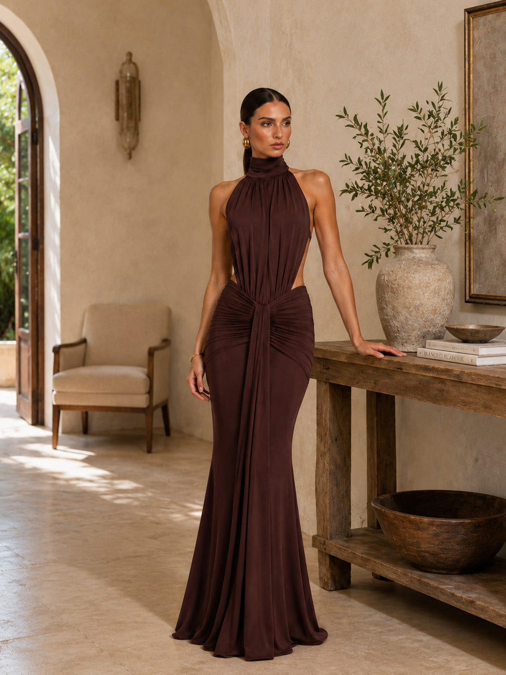 Women’s Brown Draped Jersey Halter Neck Sleeveless Slim Mermaid Maxi Dress