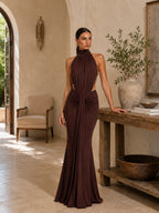 Women’s Brown Draped Jersey Halter Neck Sleeveless Slim Mermaid Maxi Dress