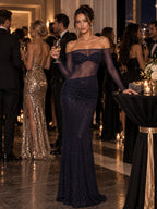 Women’s Navy Blue Elegant Sequin Mesh Off Shoulder Long Sleeve Mermaid Maxi Dress with Sheer Waist