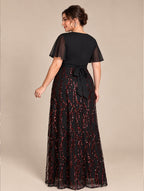 Women's Plus Size Burgundy Sequin V-Neck Flutter Sleeve A-Line Maxi Evening Dress