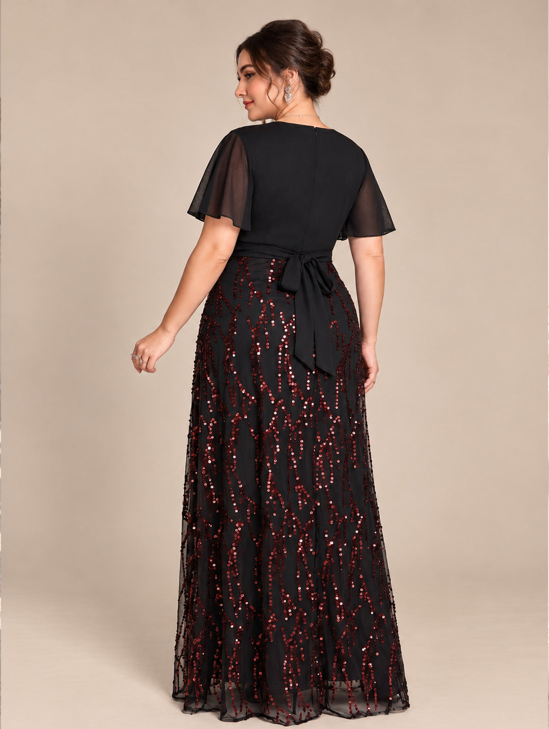 Women's Plus Size Burgundy Sequin V-Neck Flutter Sleeve A-Line Maxi Evening Dress
