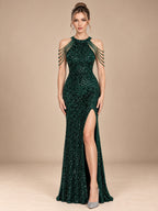Women’s Burgundy Glamorous Sequin Halter Neck Sleeveless High Slit Mermaid Maxi Dress with Beaded Fringe