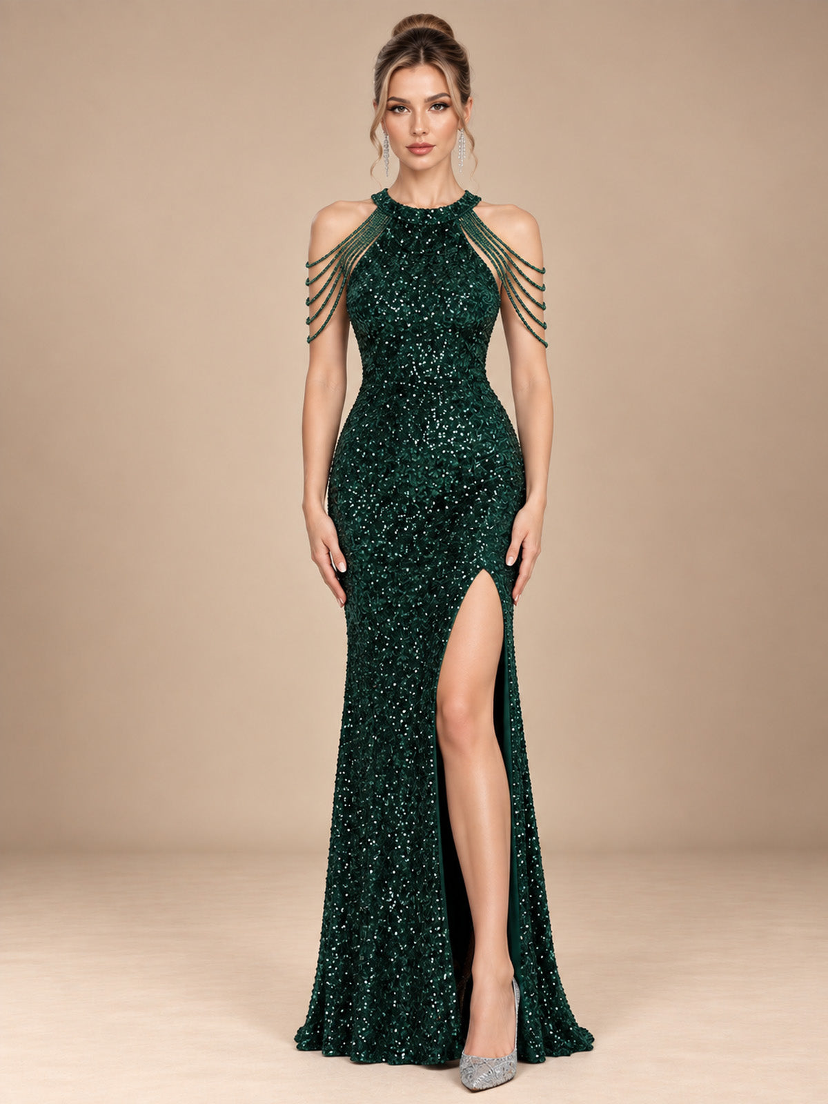 Women’s Burgundy Glamorous Sequin Halter Neck Sleeveless High Slit Mermaid Maxi Dress with Beaded Fringe