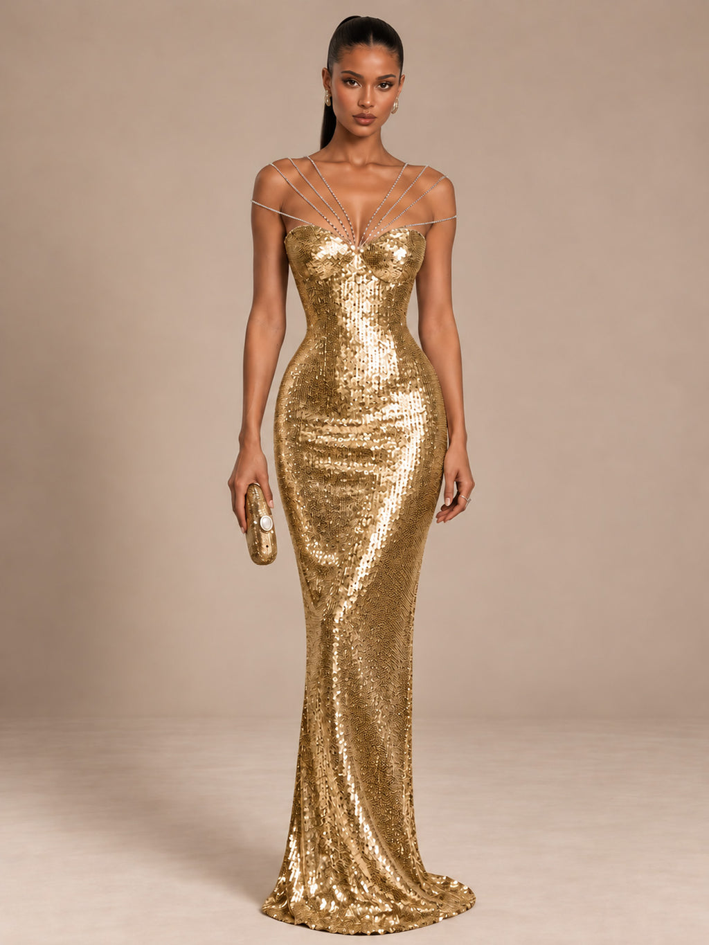 Women’s Glamorous Sequin Sweetheart Neck Sleeveless Mermaid Maxi Dress with Rhinestone Straps and Fitted Waist