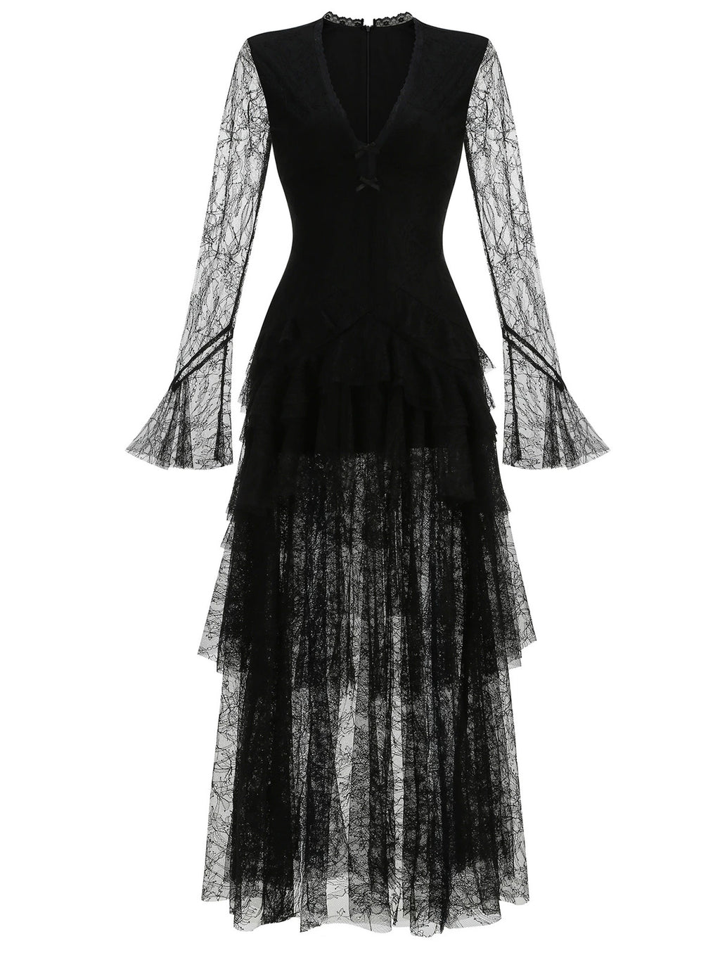 Women’s Champagne Elegant Floral Lace Deep V-Neck Long Sleeve A-Line Maxi Dress with Tiered Ruffle Detail