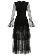 Women’s Champagne Elegant Floral Lace Deep V-Neck Long Sleeve A-Line Maxi Dress with Tiered Ruffle Detail