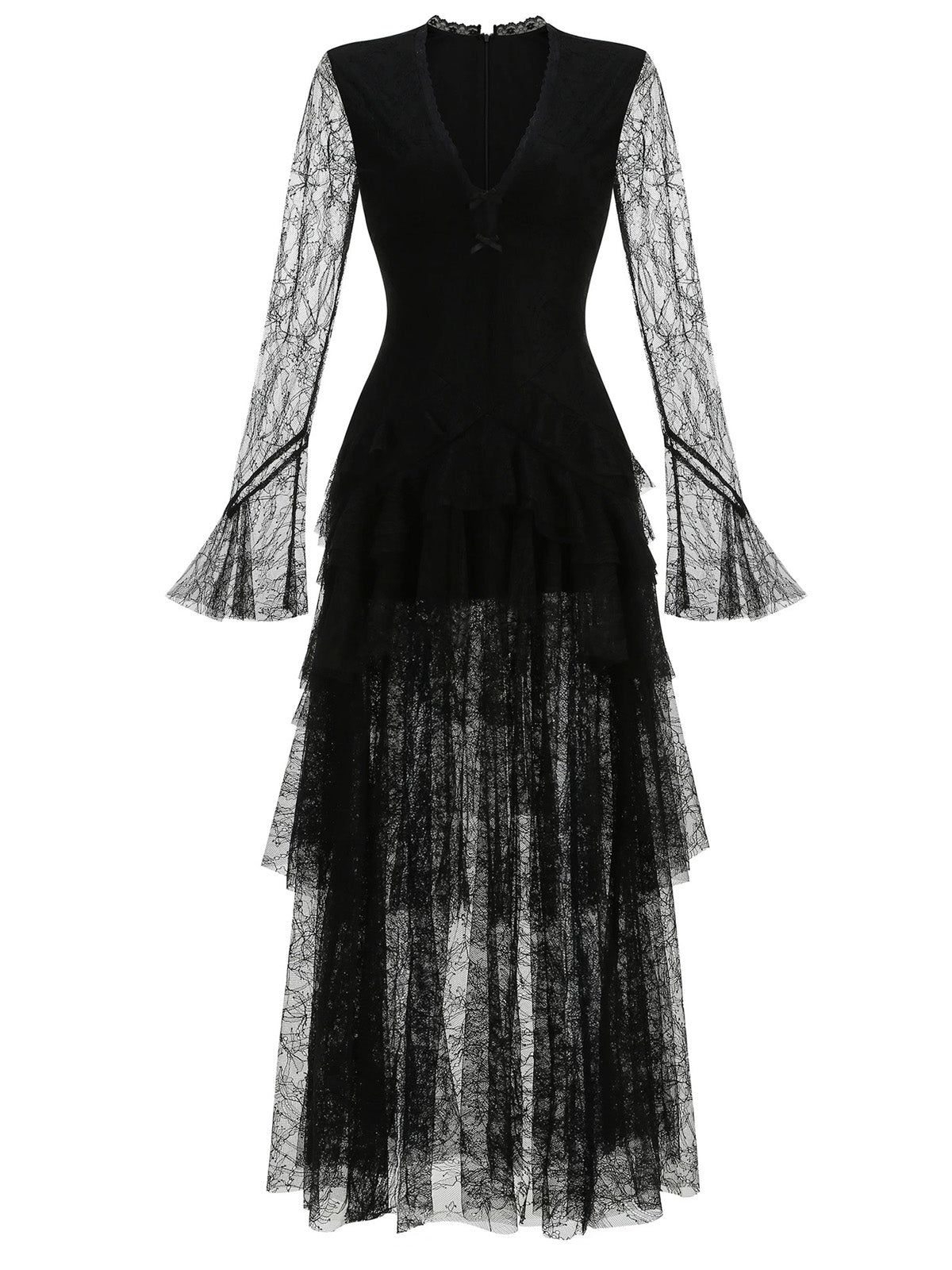 Women’s Champagne Elegant Floral Lace Deep V-Neck Long Sleeve A-Line Maxi Dress with Tiered Ruffle Detail