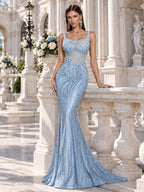 Women’s Light Blue Elegant Crystal Mesh Square Neck Sleeveless Mermaid Maxi Dress with Bead Embroidery