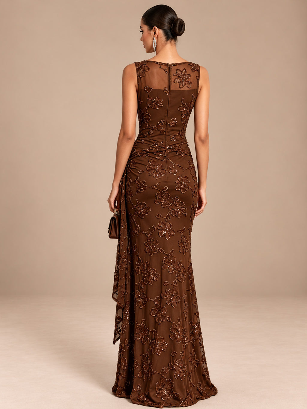 Women’s Emerald Green Elegant Sequin One Shoulder Sleeveless Mermaid Maxi Dress with Asymmetric Ruffle and Colorblock Detail