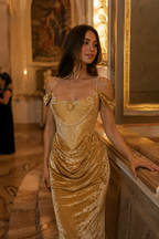 Women’s Gold Velvet Off Shoulder Ruched Draped Maxi Dress