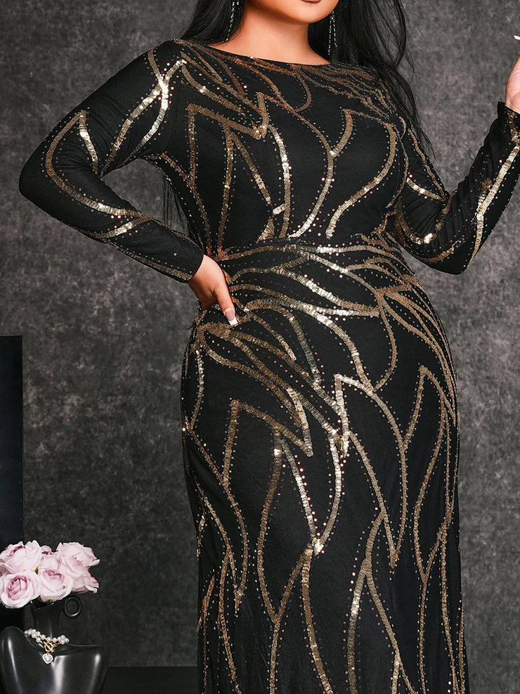 Women’s Black and Bronze Elegant Sequin Mesh Round Neck Long Sleeve Column Maxi Dress with Geometric Pattern