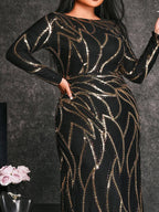 Women’s Black and Bronze Elegant Sequin Mesh Round Neck Long Sleeve Column Maxi Dress with Geometric Pattern