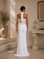 Women’s Burgundy Elegant Ruched Halter Neck Backless Maxi Dress