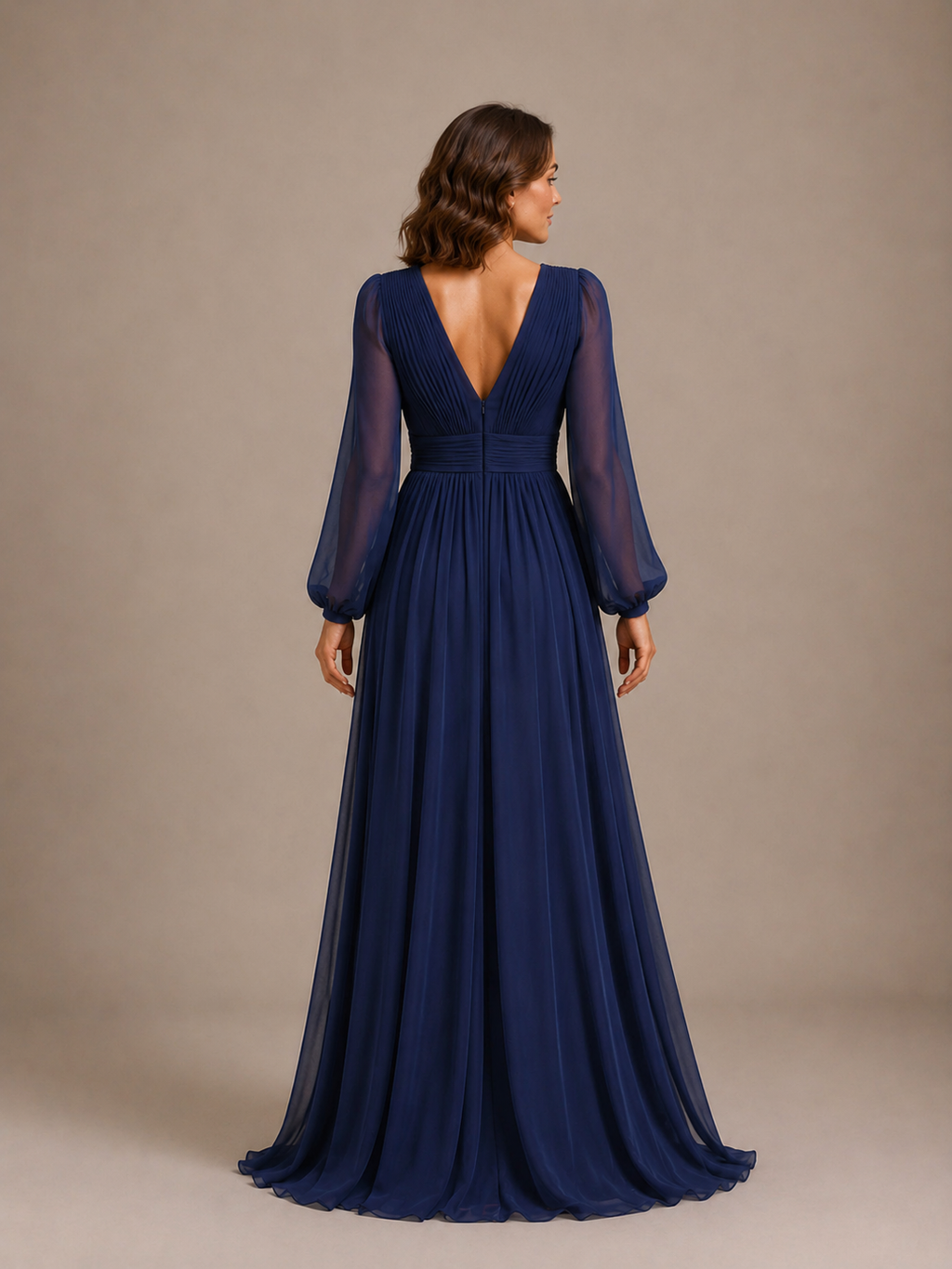 Women’s Navy Blue Elegant Chiffon V-Neck Long Sleeve Regular Floor-Length Wedding Guest Dress with Pleated Detail