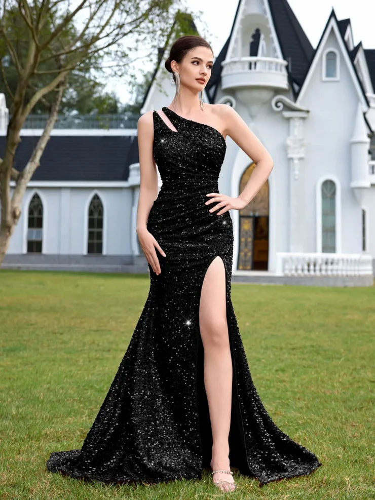 Women’s Champagne Gold Glamorous Sequin One Shoulder Sleeveless Mermaid Maxi Dress with Ruched Detail, High Slit and Lace-Up Back