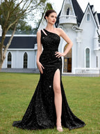 Women’s Champagne Gold Glamorous Sequin One Shoulder Sleeveless Mermaid Maxi Dress with Ruched Detail, High Slit and Lace-Up Back