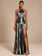 Women’s Metallic Glamorous Halter Neck Sleeveless Backless A-Line Maxi Dress with Ruched Waist and High Slit