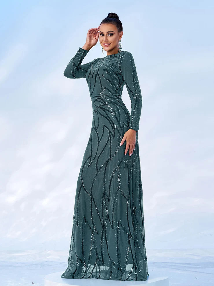 Women’s Black and Bronze Elegant Sequin Mesh Round Neck Long Sleeve Column Maxi Dress with Geometric Pattern