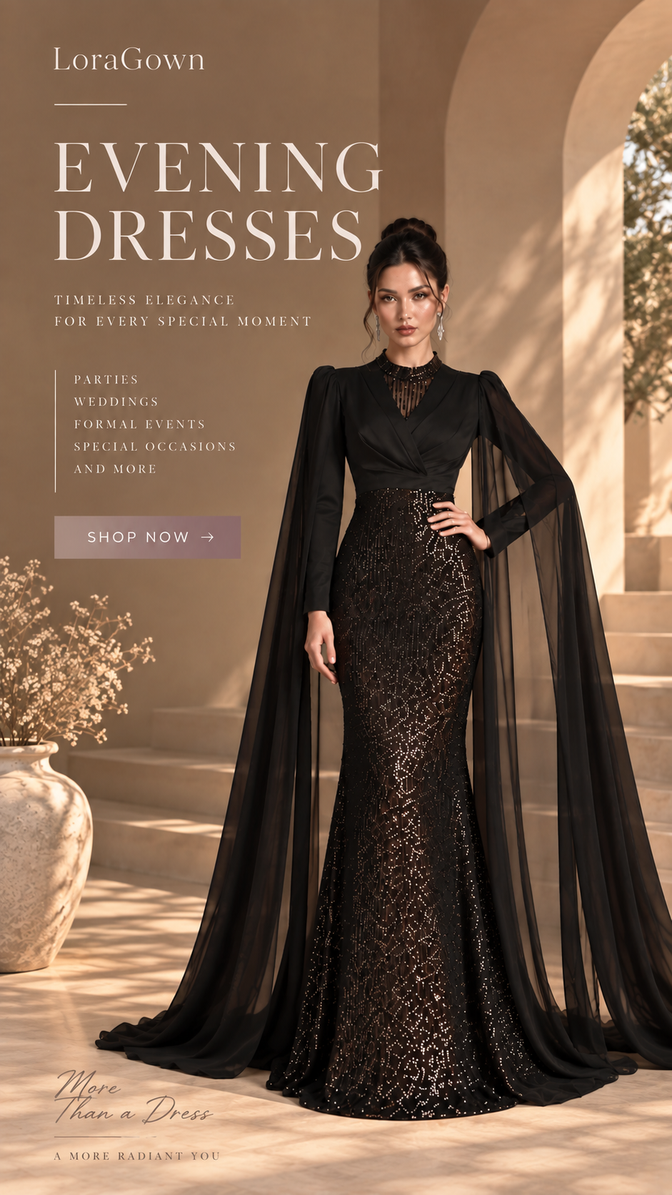 Women’s Black Elegant Sequin Mesh V-Neck Long Cape Sleeve Column Maxi Dress with Chiffon Overlay