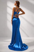 Women’s Red Elegant Satin V-Neck Spaghetti Strap Mermaid Maxi Dress with Ruched Waist