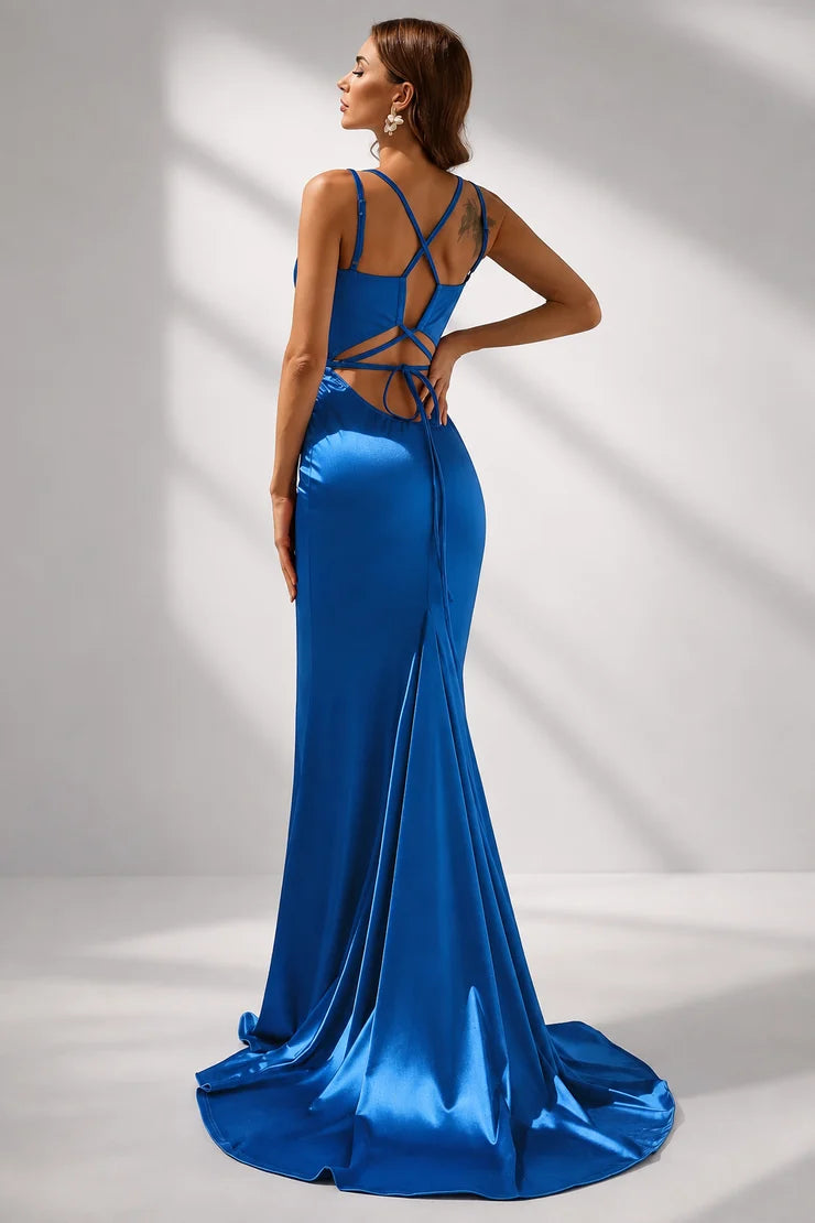 Women’s Red Elegant Satin V-Neck Spaghetti Strap Mermaid Maxi Dress with Ruched Waist