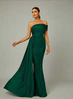 Women’s Dark Green Elegant One-Shoulder Sleeveless Tailored Maxi Dress