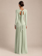 Women’s Black and White Elegant Round Neck Long Sleeve Colorblock A-Line Maxi Dress with Asymmetric Waist and Pleated Detail