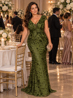Women’s Olive Green Elegant Sequin Mesh V-Neck Cap Sleeve Mermaid Maxi Dress