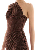 Women’s Burgundy Elegant Floral Lace One Shoulder Sleeveless Sheath Maxi Dress with Asymmetric Ruched Detail