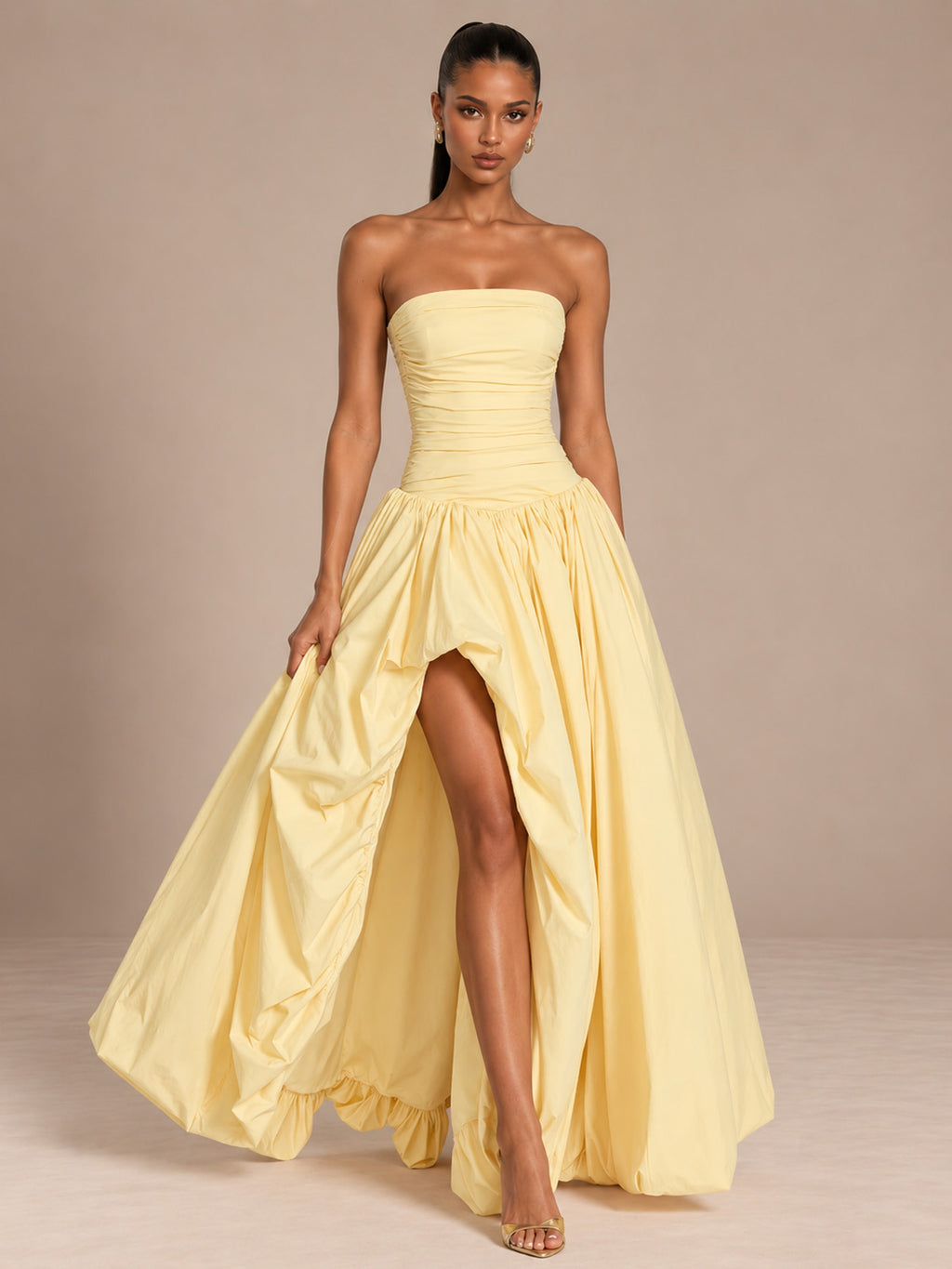 Women’s Butter Yellow Elegant Strapless Sleeveless A-Line Maxi Dress with Ruched Bodice, High-Low Hem and Lace-Up Back
