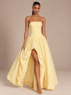 Women’s Butter Yellow Elegant Strapless Sleeveless A-Line Maxi Dress with Ruched Bodice, High-Low Hem and Lace-Up Back