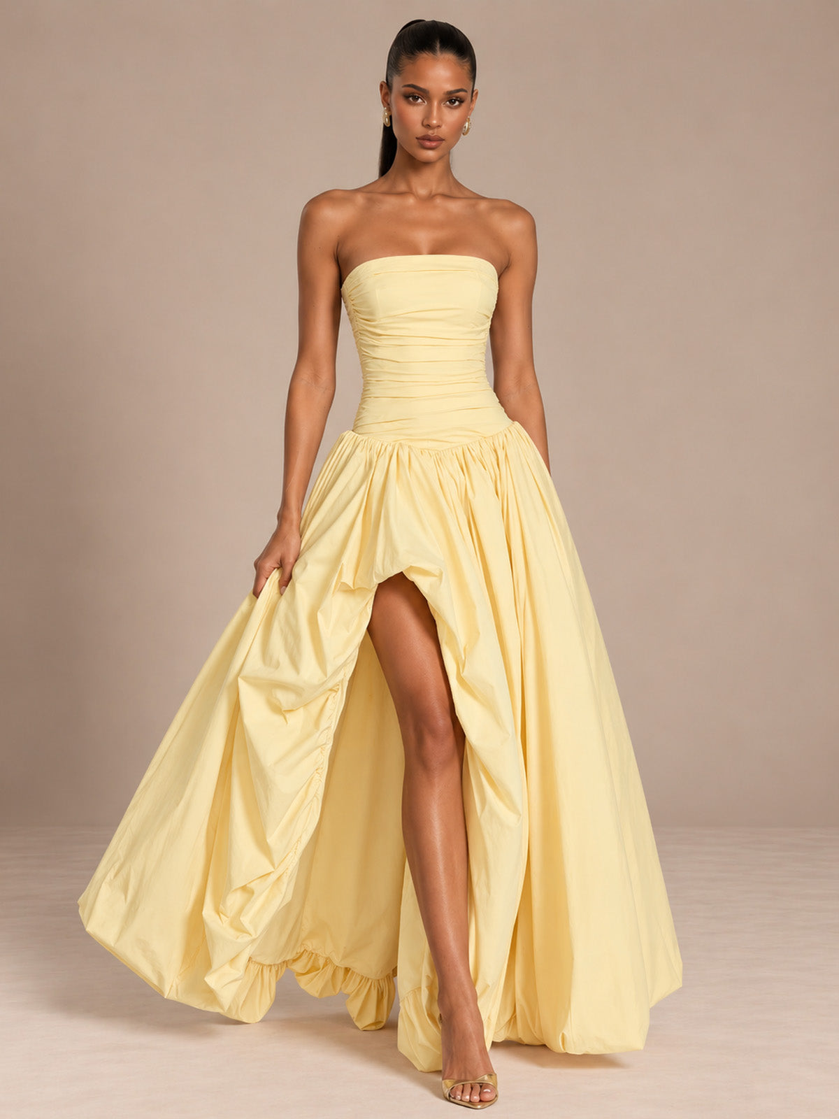 Women’s Butter Yellow Elegant Strapless Sleeveless A-Line Maxi Dress with Ruched Bodice, High-Low Hem and Lace-Up Back
