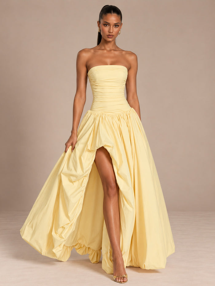 Women’s Butter Yellow Elegant Strapless Sleeveless A-Line Maxi Dress with Ruched Bodice, High-Low Hem and Lace-Up Back