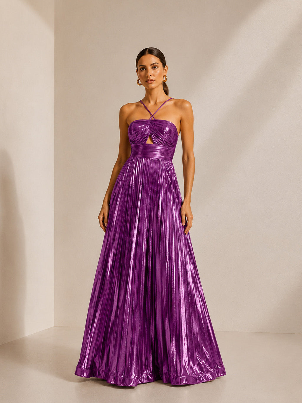 Women’s Gold Elegant Metallic Pleated Halter Neck Sleeveless A-Line Maxi Dress