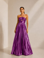Women’s Gold Elegant Metallic Pleated Halter Neck Sleeveless A-Line Maxi Dress