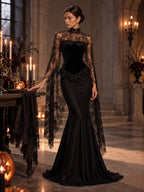 Women’s Black Elegant Strapless Velvet Mermaid Maxi Dress with Sheer Floral Lace Cape and Corset Detail