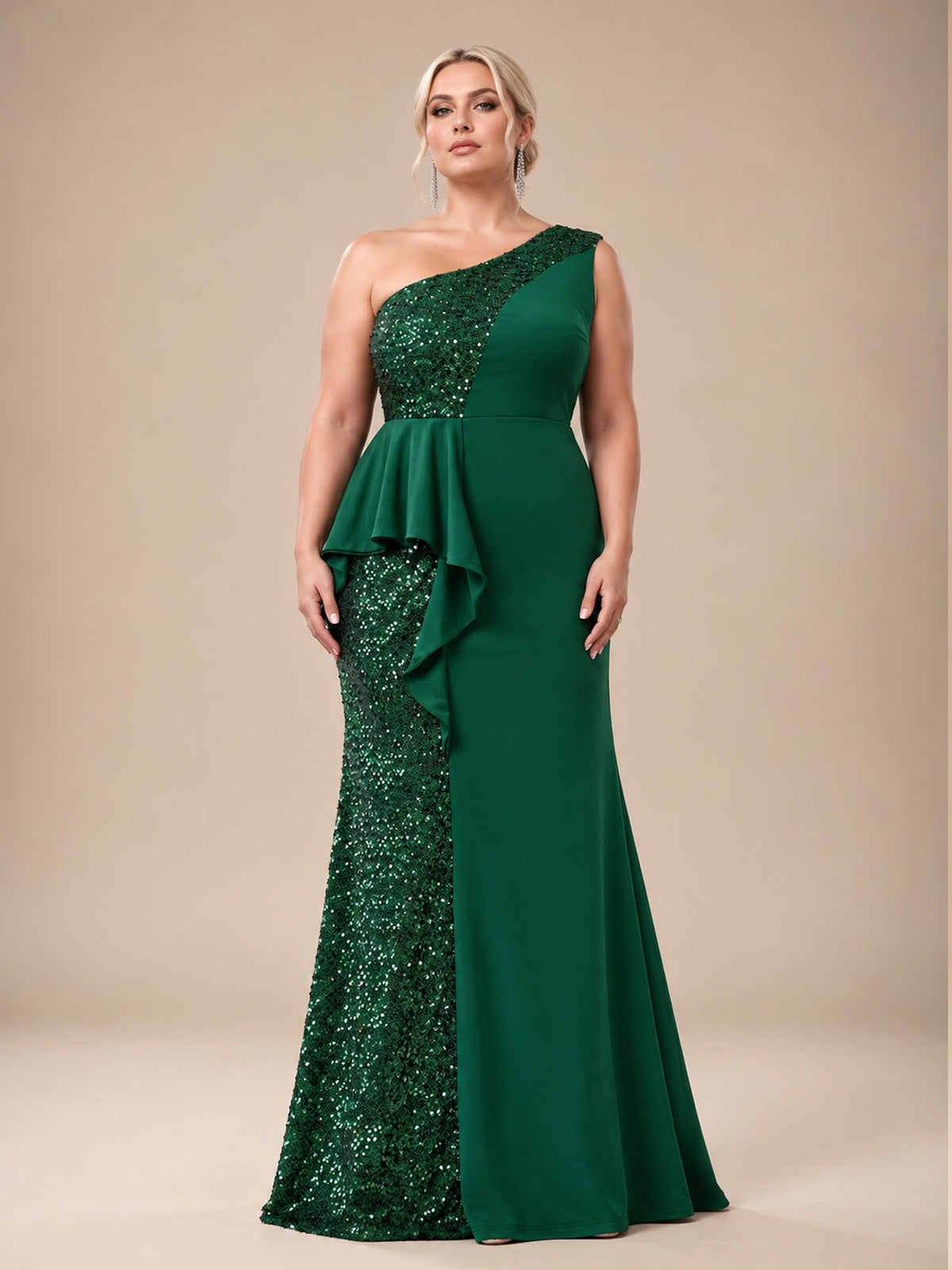 Women’s Emerald Green Elegant Sequin One Shoulder Sleeveless Mermaid Maxi Dress with Asymmetric Ruffle and Colorblock Detail